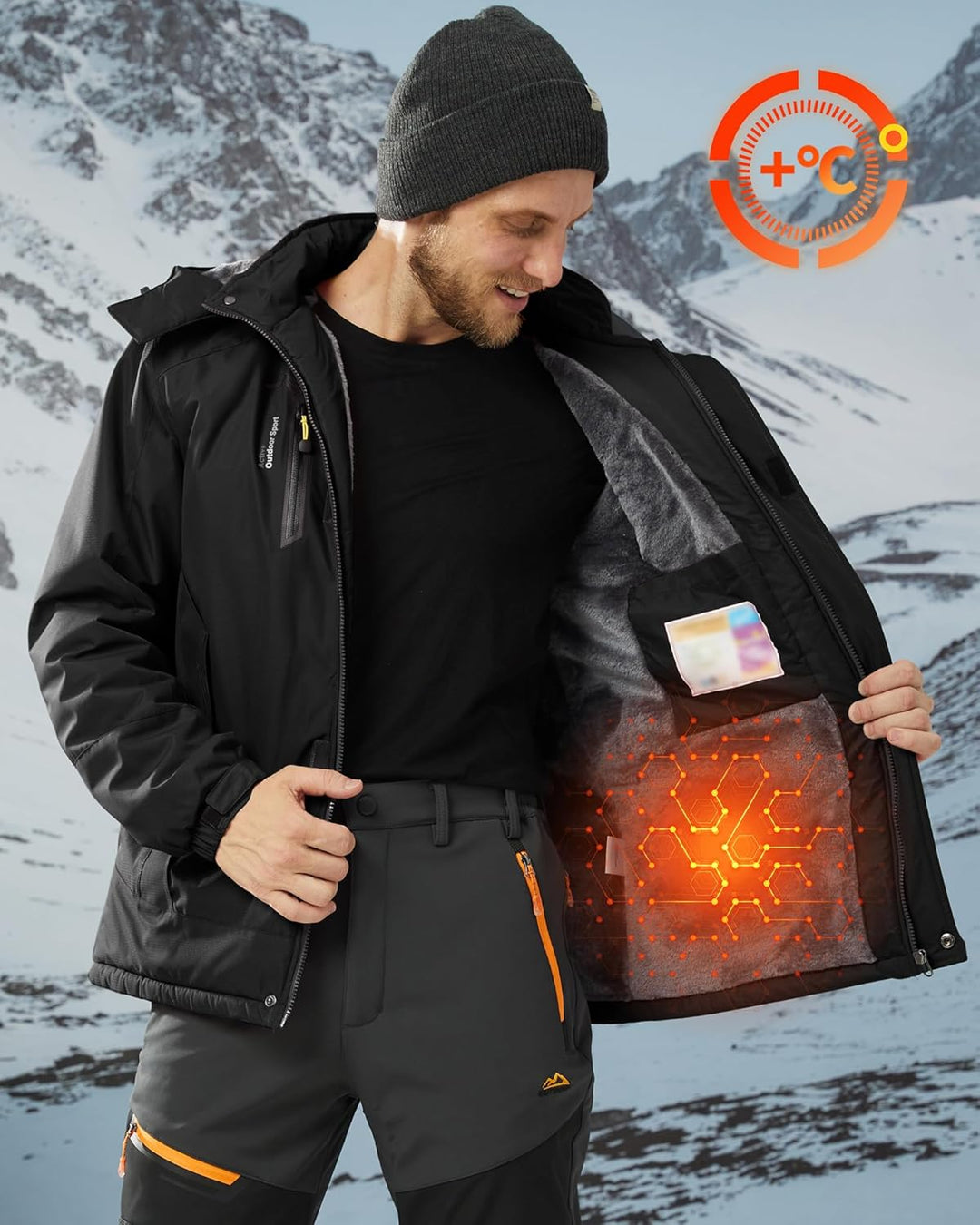 KEFITEVD Herren Winter Wasserabweisende Skijacke Fleece Gefüttert Arbeitsjacke mit Abnehmbarer Kapuz
