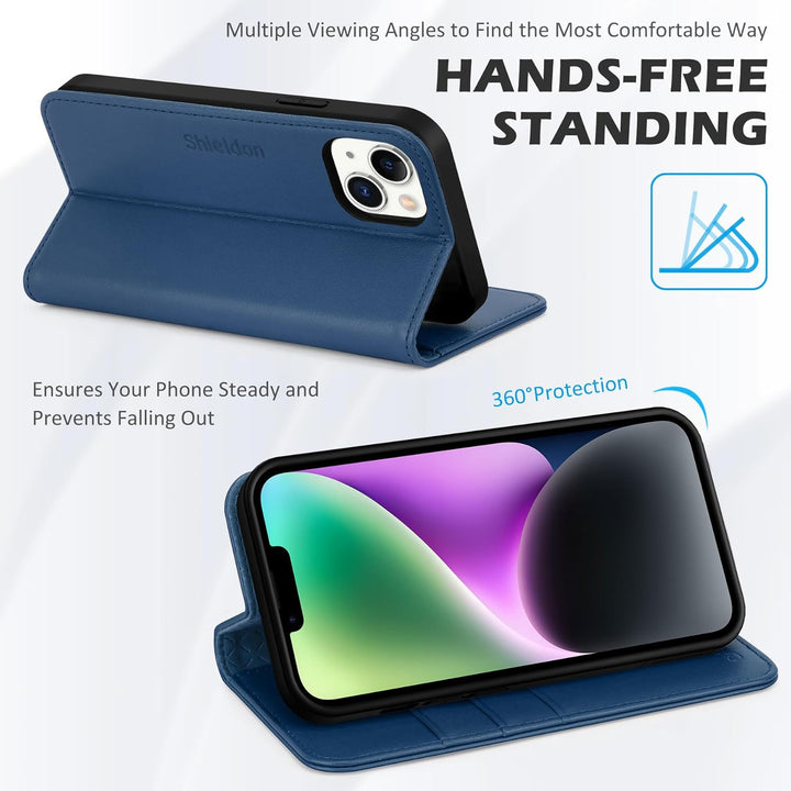 SHIELDON Hülle für iPhone 14 Schutzhülle [Rindsleder] [Stossfest ] [Standfunktion] [Kartenfach] TPU