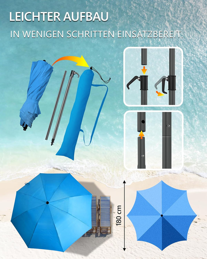 4smile Sonnenschirm Strand Ø 180 cm, Blau, Sonnenschirm Balkon | Strandschirm windfest stabil, Balko