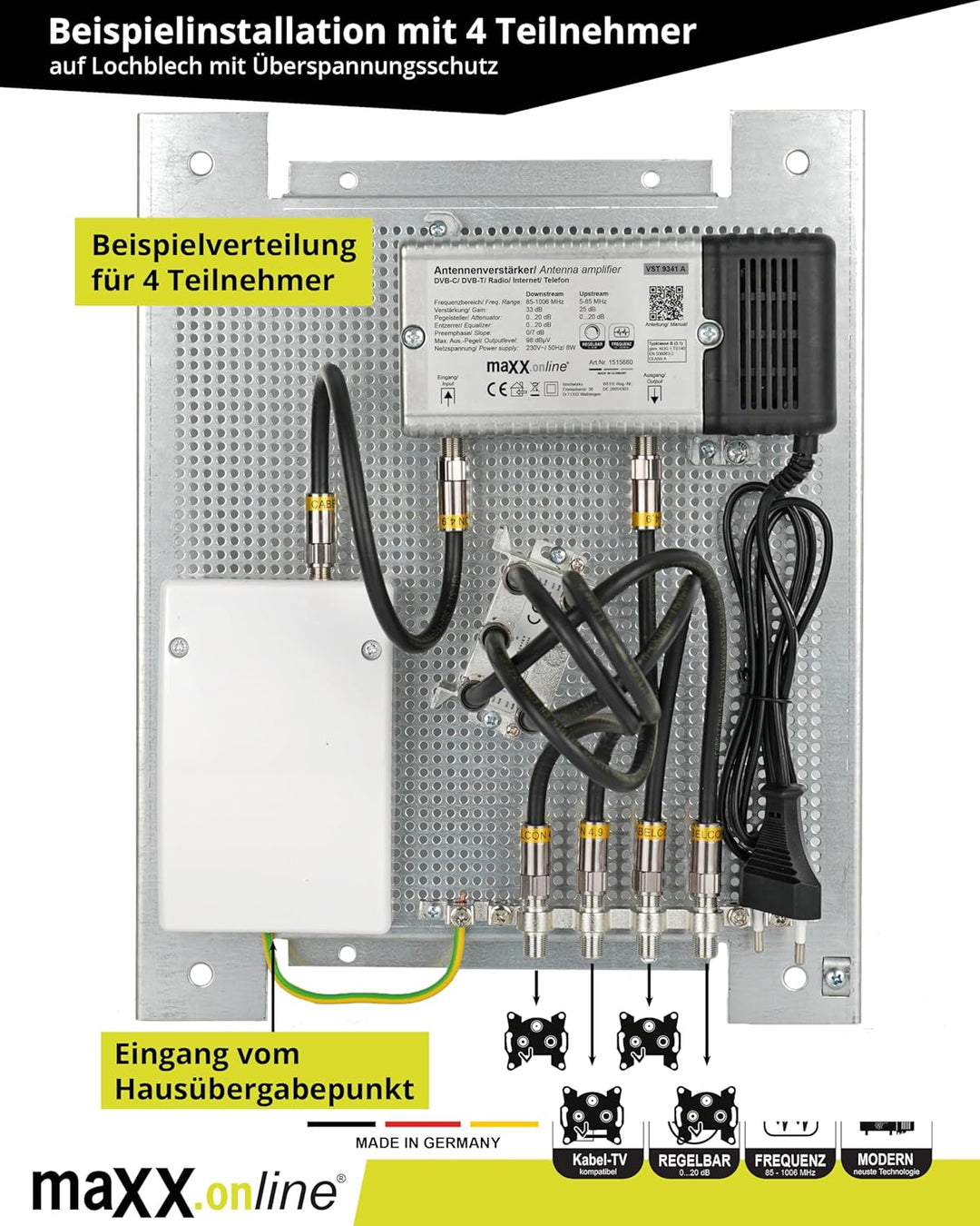 maxx.onLine Antennenverstärker für Kabelfernsehen 33 dB Verstärkung mit Rückkanal 1 GHz, DVB-T2, Hau