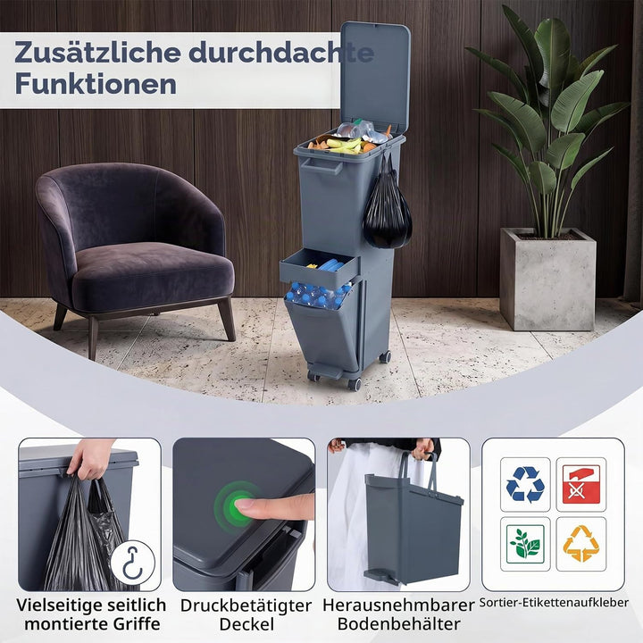 LIFEZEAL 32 L Mülleimer auf Rädern, Abfallsammler Küche, Trocken- und Nasstrennung Mülltrennsystem m