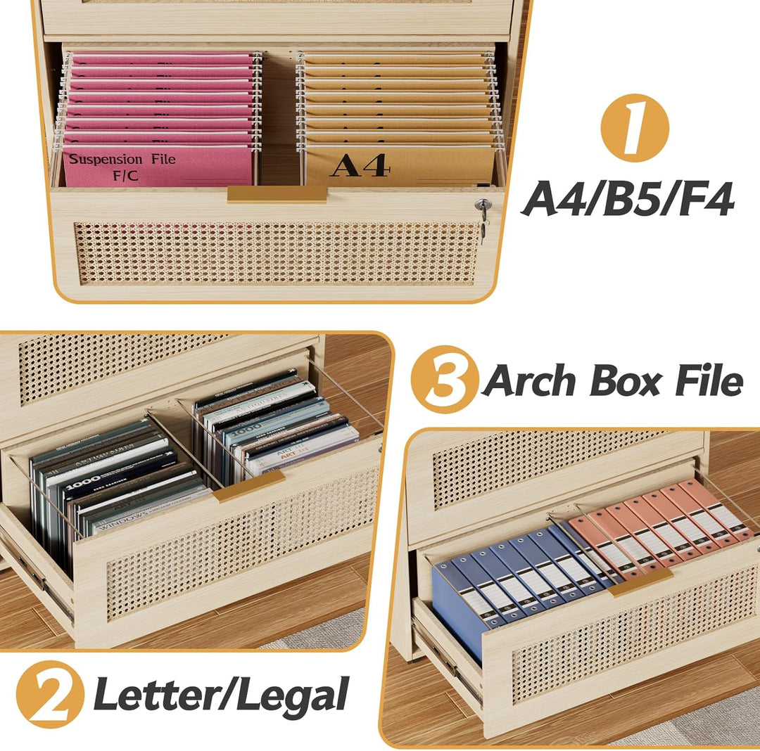 Rollcontainer Rattan, Büroschrank Abschliessbar, Mobiler Aktenschrank mit 4 Rollen, Ordnerschrank mi