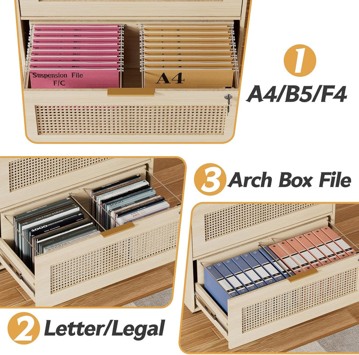 Rollcontainer Rattan, Büroschrank Abschliessbar, Mobiler Aktenschrank mit 4 Rollen, Ordnerschrank mi