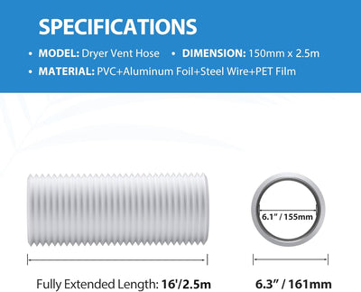 Hon&Guan ø150mm Abluftrohr, 2,5m PVC Alurohr Flex-Schlauch mit 2 Schlauchschelle für Mobile Klimaanl