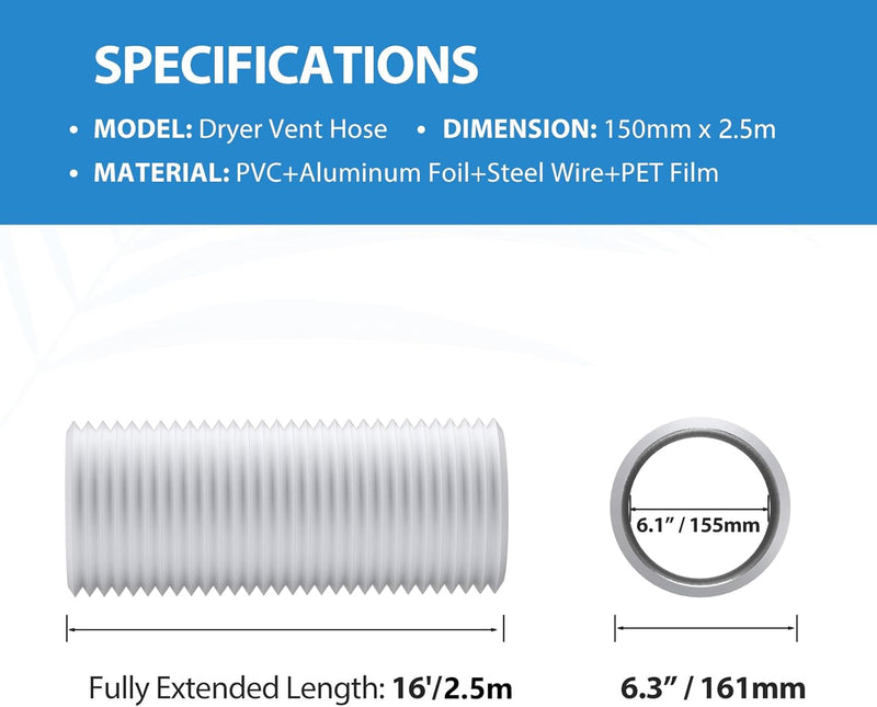 Hon&Guan ø150mm Abluftrohr, 2,5m PVC Alurohr Flex-Schlauch mit 2 Schlauchschelle für Mobile Klimaanl