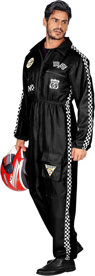 Widmann Rennfahrer Kostüm |Overall Jumpsuit schwarz | Verkleidung Beruf Anzug mit Taschen (schwarz,