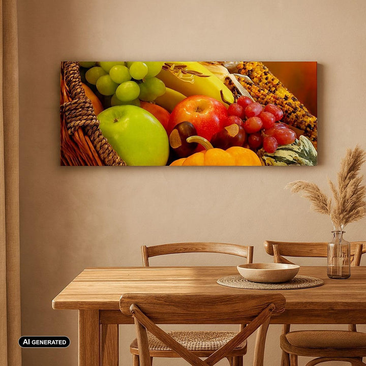 Wandbilder Dekoration Wohnzimmer Weidenkorb Obst Gemüse Panorama Bilder auf Leinwand 120x50cm Leinwa