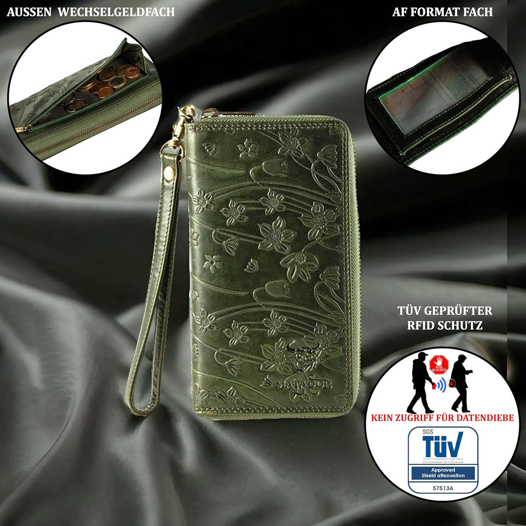 MATADOR Grosse Damen/Frauen Geldbörse TÜV Geprüfter RFID Schutz Portemonnaie Echt Leder Geldtasche u
