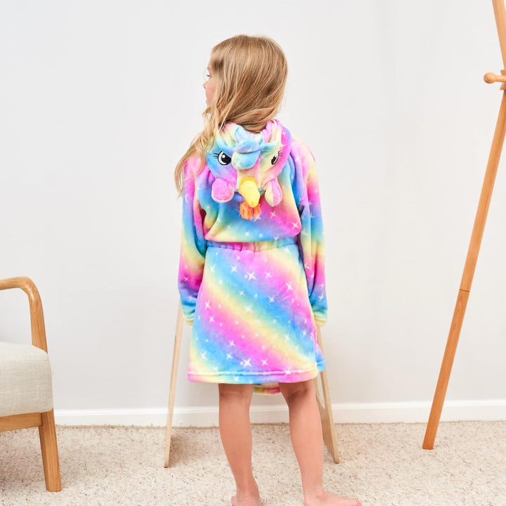Ceruwum Einhorn Bademantel für Mädchen Weich Fleece Morgenmäntel mit Kapuze 3-4 Jahre Regenbogen, 3-