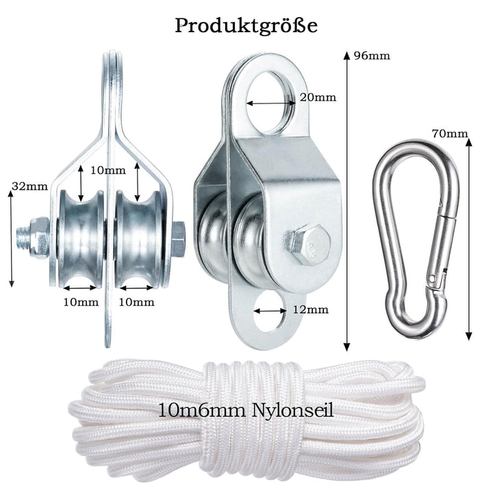 Doppelte Umlenkrolle mit 2 Kugellager, Flaschenzug mit 10m (6mm) Nylonseil, Tragfähigkeit 70 kg 2 32