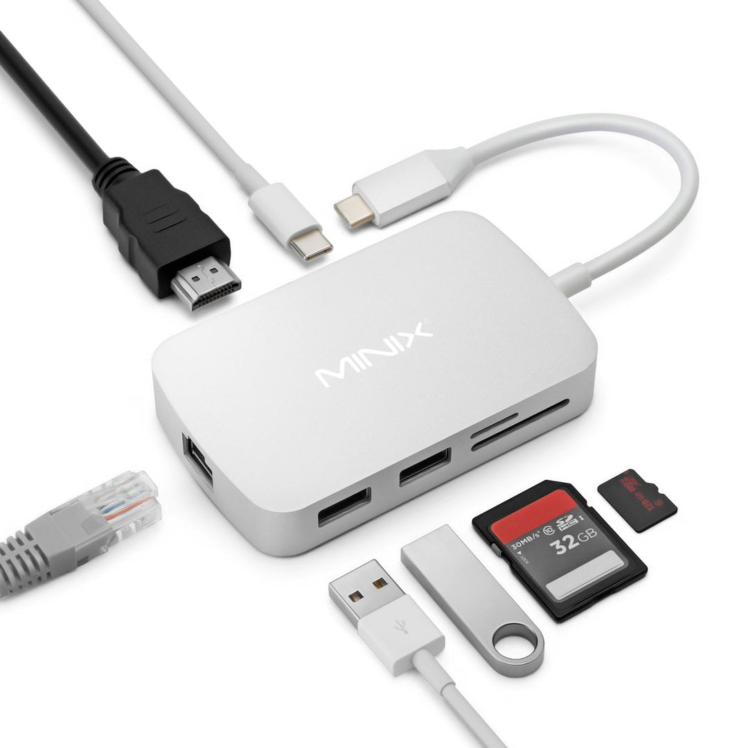 MINIX USB C Adapter, 7 in 1 USB C Hub Muliport Adapter 4K HDMI, Gigabit Ethernet, 2 USB 3.0, 100W PD