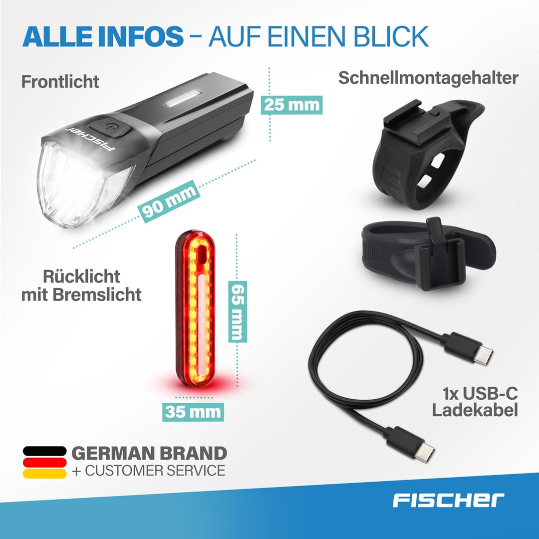 FISCHER Fahrrad-Beleuchtungsset Stop 30/15 Lux mit Bremslicht, Front- und Rückleuchte, mit Akku und