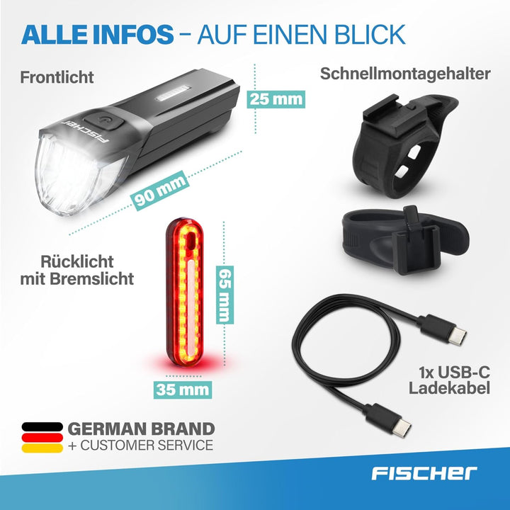 FISCHER Fahrrad-Beleuchtungsset Stop 30/15 Lux mit Bremslicht, Front- und Rückleuchte, mit Akku und