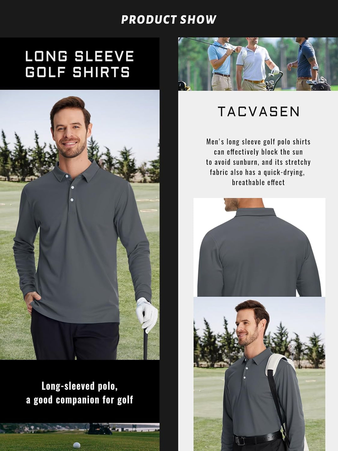 TACVASEN Herren Poloshirt Langarm Golf Polo Schnelltrocknend Funktionsshirts Leicht T-Shirts mit 3-K