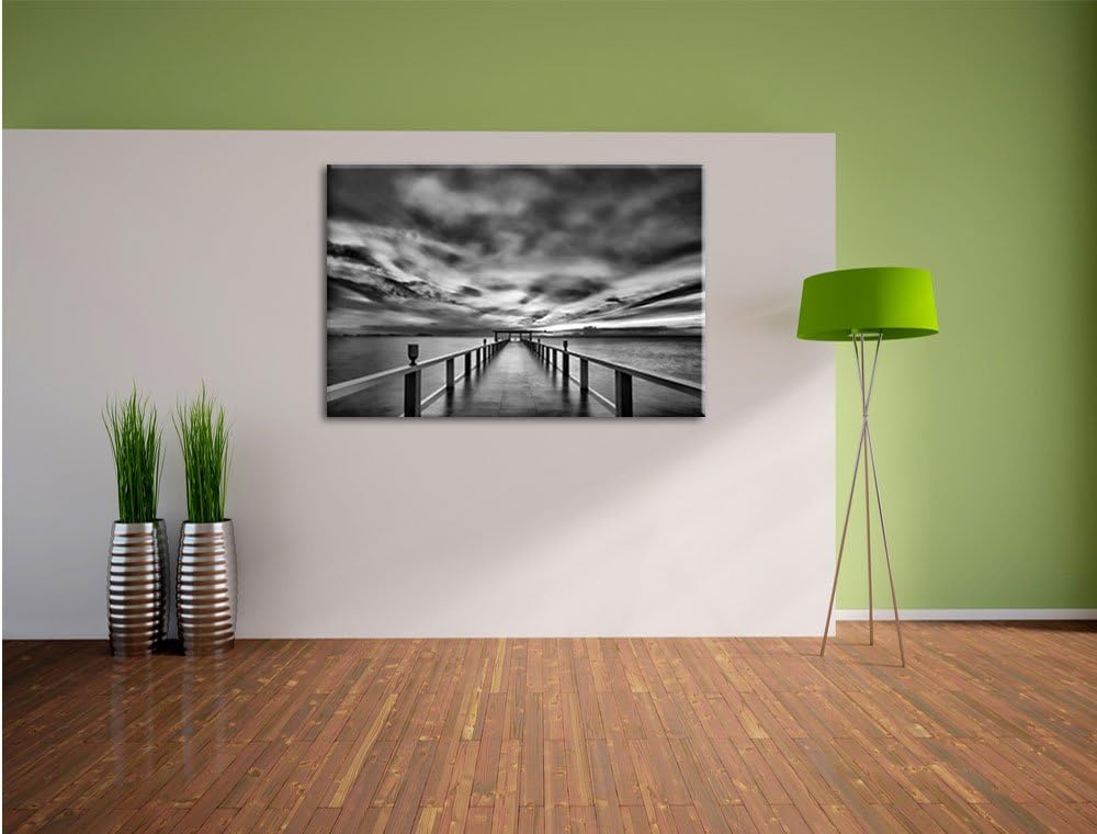 Pixxprint Monocrome, Endloser Steg ins Meer im Sonnenuntergang, Format: 100x70 auf Leinwand, 100x70