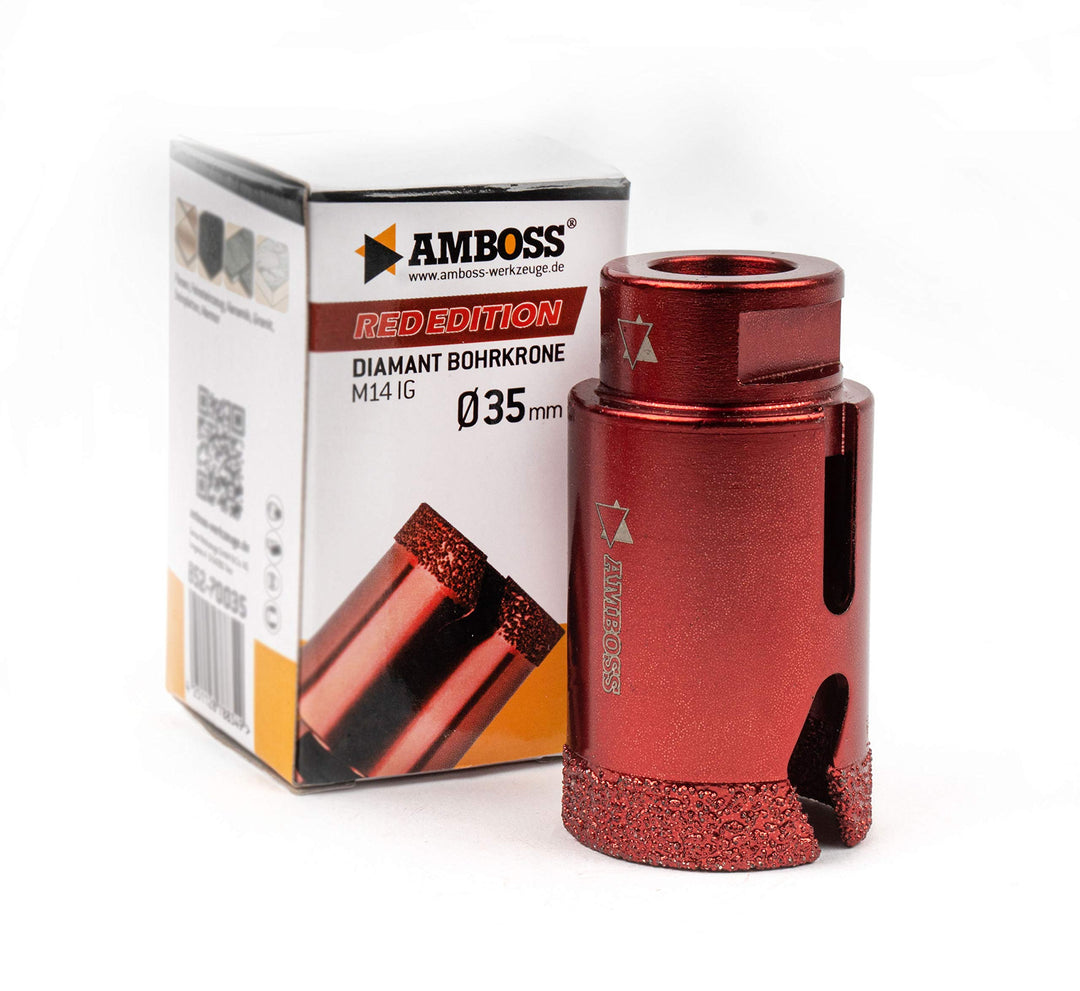 Diamant Bohrkrone Ø35mm - Amboss RED EDITION M14 - für Winkelschleifer - Feinsteinzeug, harte Fliese