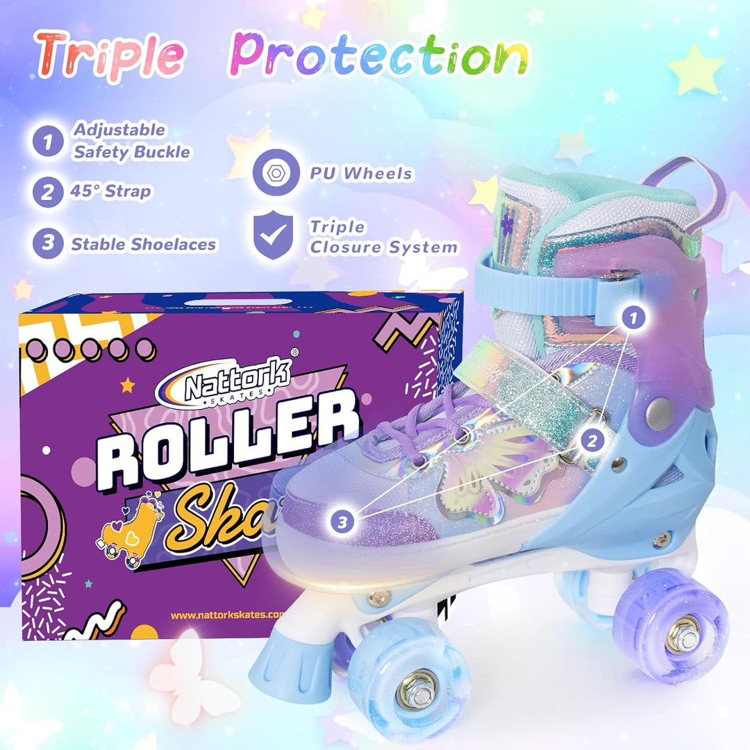 Nattork Kinder Rollschuhe für Mädchen und Jungen, 4 Grössen Verstellbar, Vierrad-Rollschuhe mit Schm