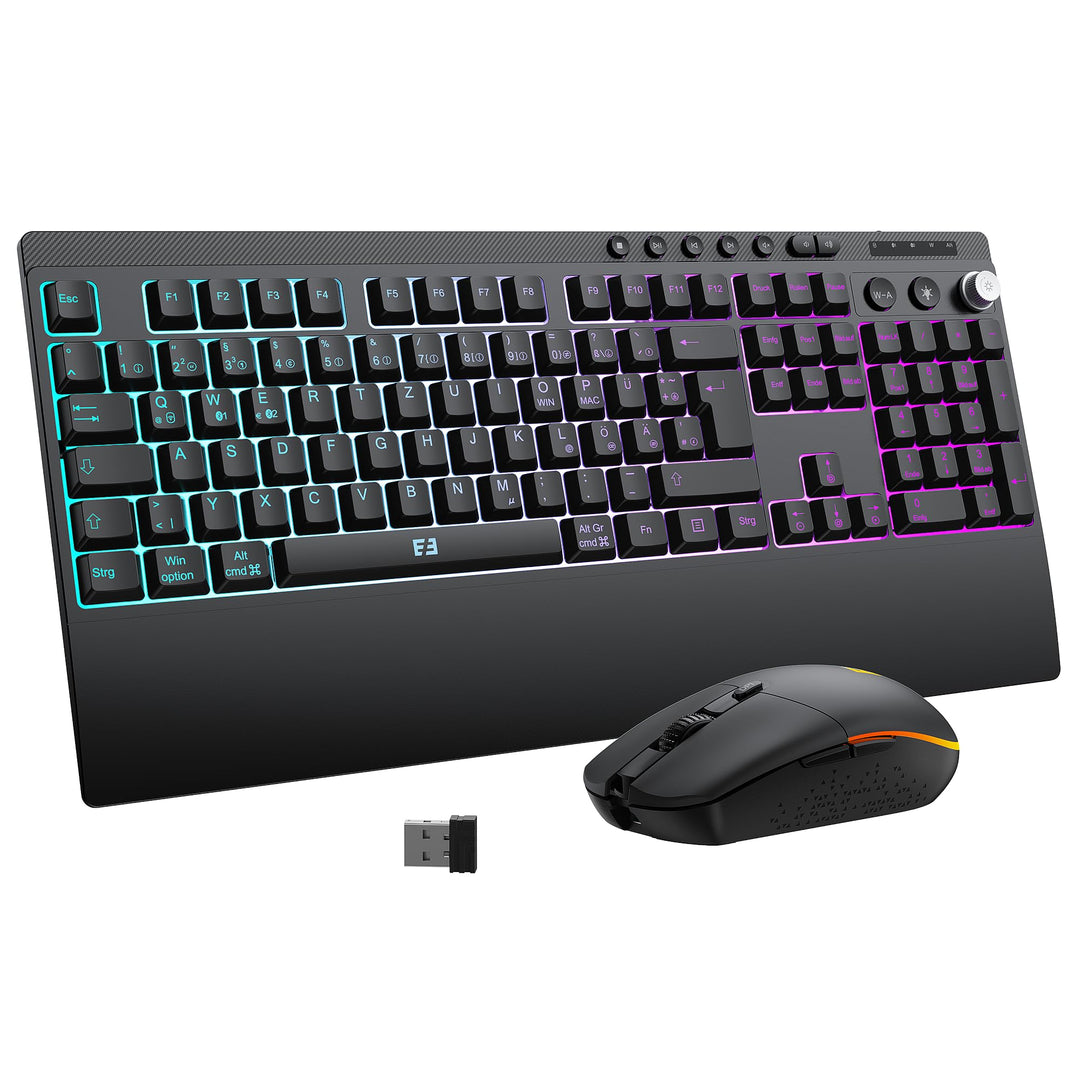 Beleuchtete Bluetooth Kabellose Tastatur mit Maus Set, QWERTZ, Schwarz | 3 Geräte Verbindung, webbas