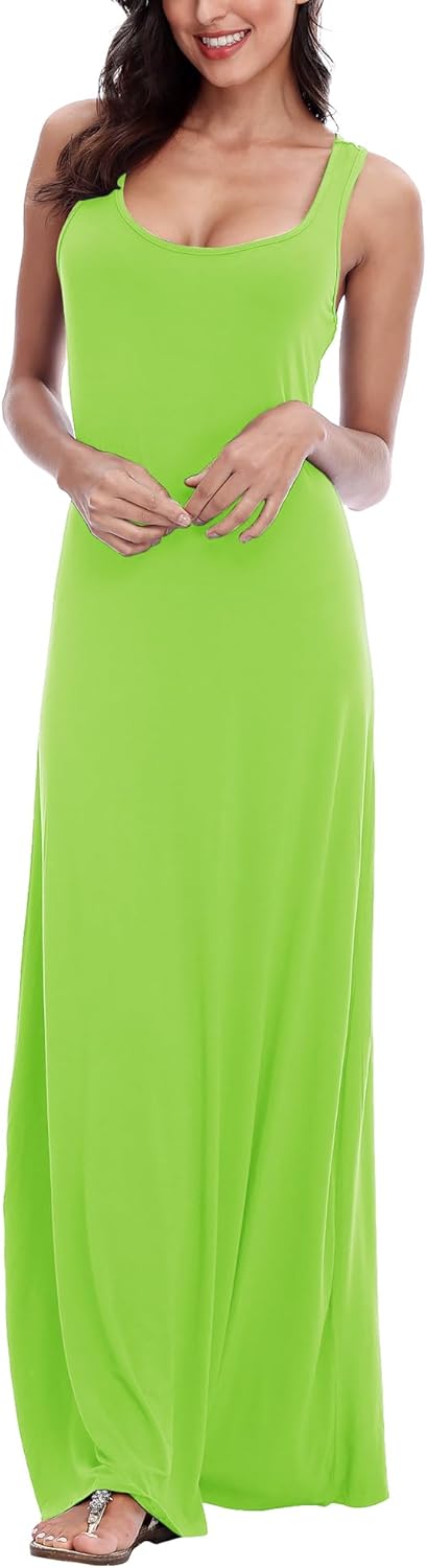 Damen Sommer Leichte Ärmellos Strand Maxi Kleid Elegant Elastisch Tunika Lang Kleider, Bright Green