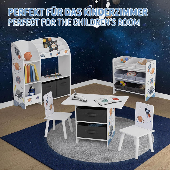 Joyz Kinderregal, Weltraum, 62,5x29,5x60 cm, Weiss, Spielzeugregal mit 9 Aufbewahrungsboxen aus Vlie