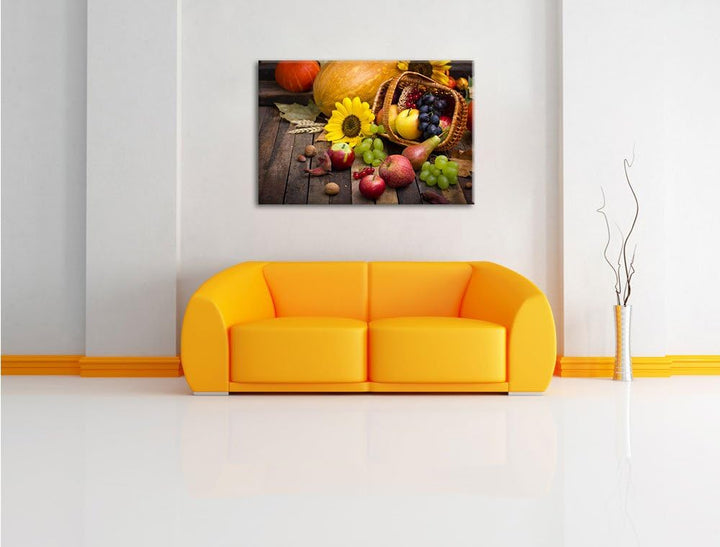 Herbstlicher Obstkorb, Format: 100x70 auf Leinwand, XXL riesige Bilder fertig gerahmt mit Keilrahmen