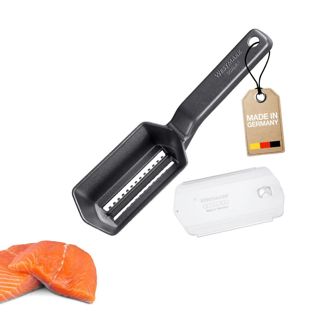 Westmark 65007760 Fischentschupper mit Schuppenauffangschale Black Edition – Aluminium, lebensmittel