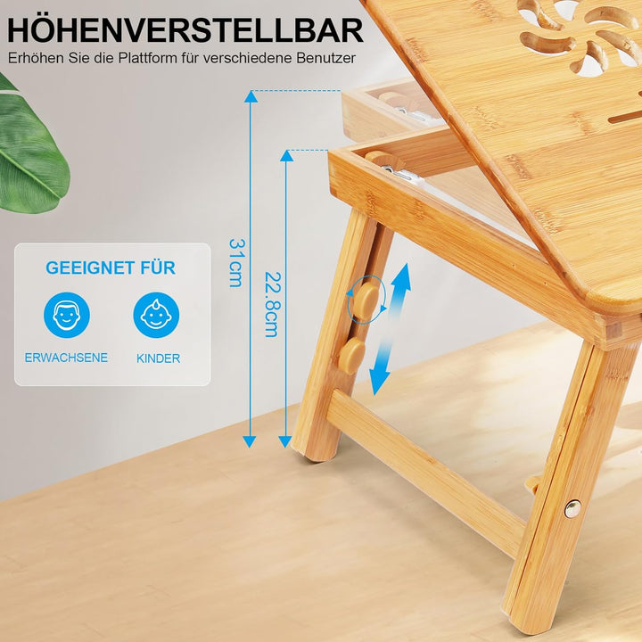 Lap Desk, Laptop-Schreibtisch für Bett, Bambus höhenverstellbarer Winkel Faltbarer Ständer mit Table