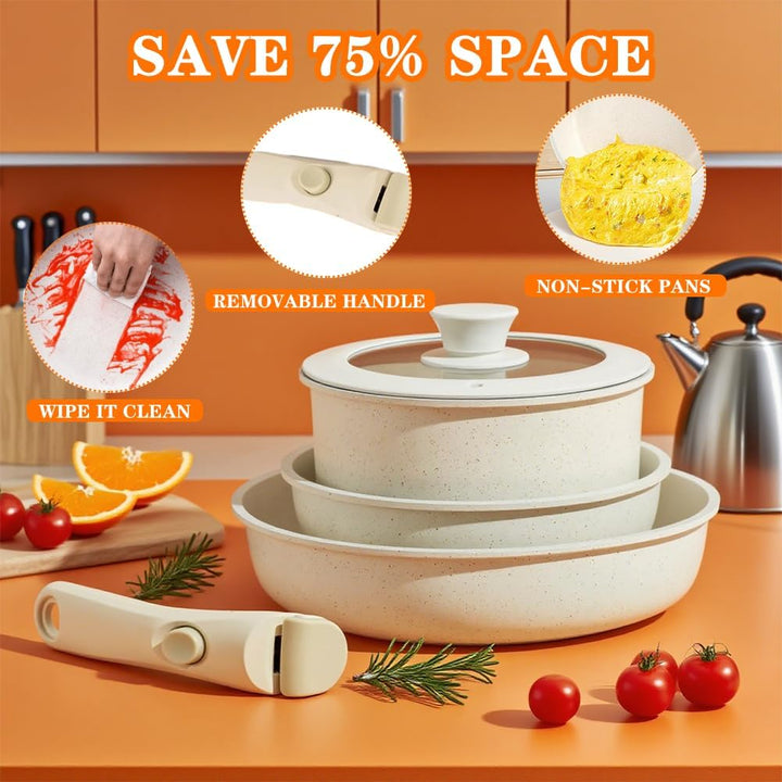 Keramik Pfannenset mit Abnehmbaren Griff, Topfset Pfannenset, Keramiks Kochen Set 5-Teilig, Antihaft