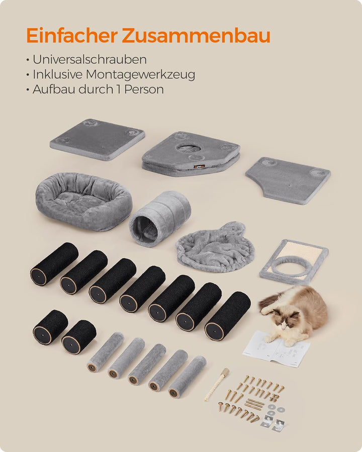 Feandrea Grosser Kratzbaum, M Katzenbaum, mit Höhle, Hängematte, Plüschplattform, Tunnel, Sisalstämm
