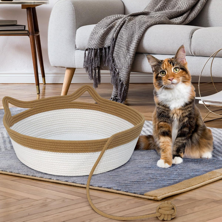 Katzenbett mit Spielzeug Schwanz, Handgewebt Langlebig Katzenkorb aus Rundbaumwollseilen als Katzens