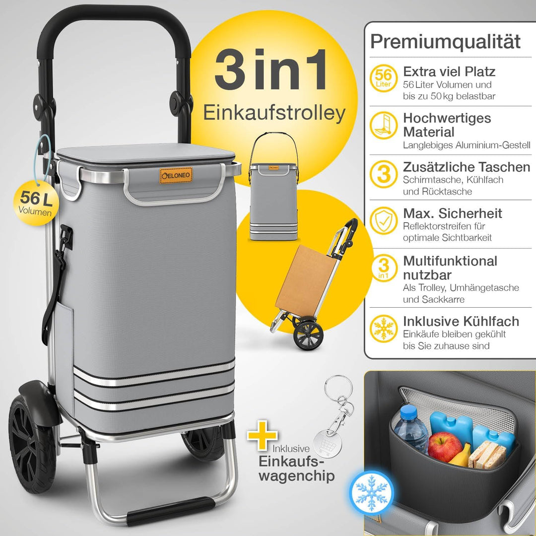 ELONEO Einkaufstrolley klappbar, Einkaufswagen mit Kühlfach, 3in1 Trolley, Sackkarre & Umhängetasche