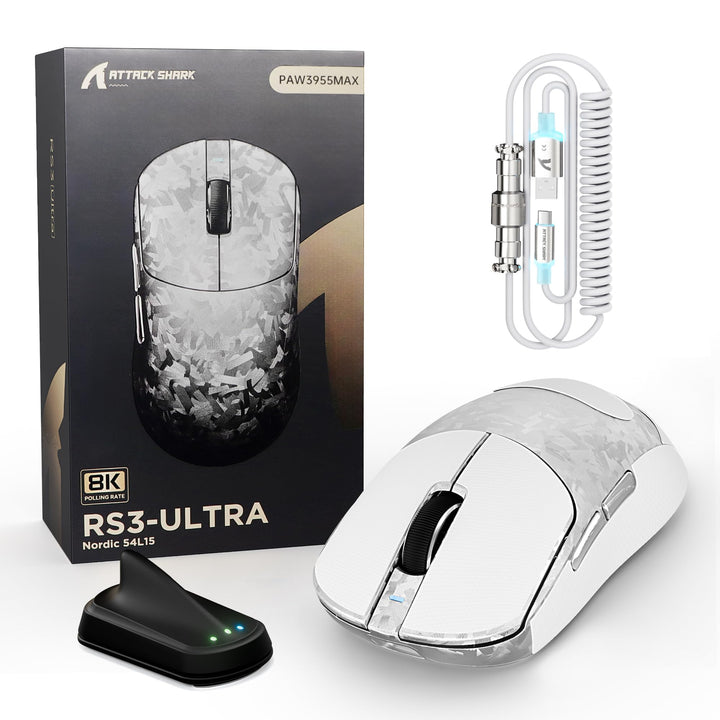 ATTACK SHARK RS3 Ultra Carbonfaser Kabellose Gaming Maus mit C06Ultra Kabel | Dual 8000Hz Abtastrate