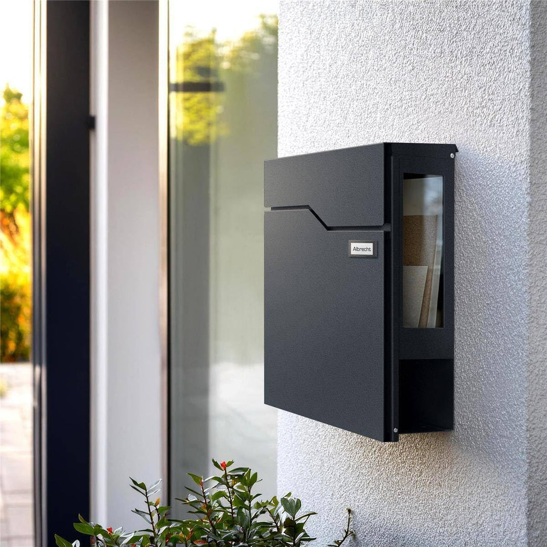 Metzler Briefkasten in Anthrazit RAL 7016 mit Zeitungsfach & Sichtfenster – Wandbriefkasten pulverbe