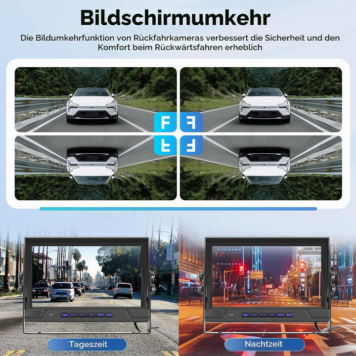 Rückfahrkamera Kabellos Kit, 1 Kamera mit 9 Zoll IPS Monitor, Rückfahrkamera mit IP68 wasserdichte,