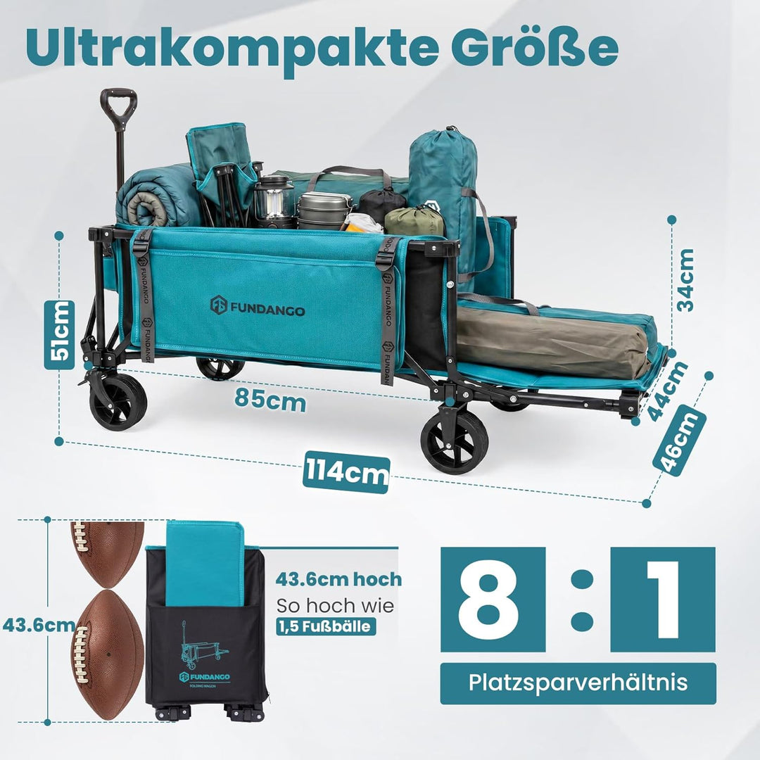 FUNDANGO XXL Bollerwagen Faltbar 180KG 200L mit Heckklappe, 114CM Extra Lang, Kompakt Zusammenklappb