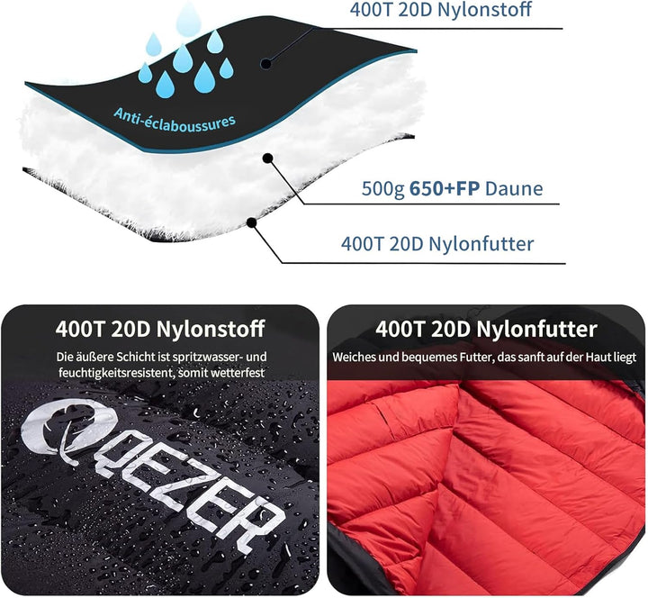 Daunenschlafsack, Winterschlafsack, gefüllt mit 650er Entendaunen. RDS-Zertifiziert. Geeignet für Te