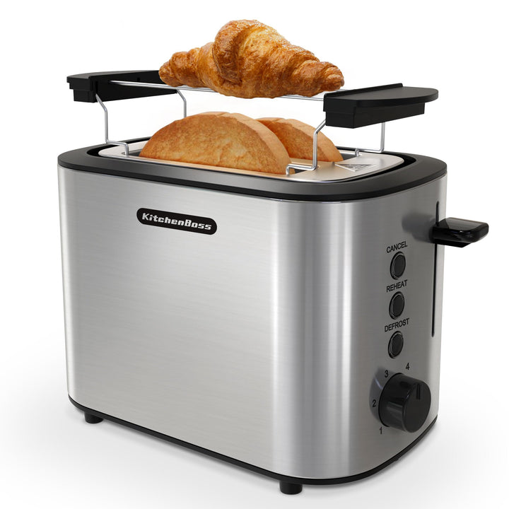 KitchenBoss Toaster 2 Scheiben：Toaster mit Brötchenaufsatz und Krümelschublade, 6 Bräunungsstufen, T