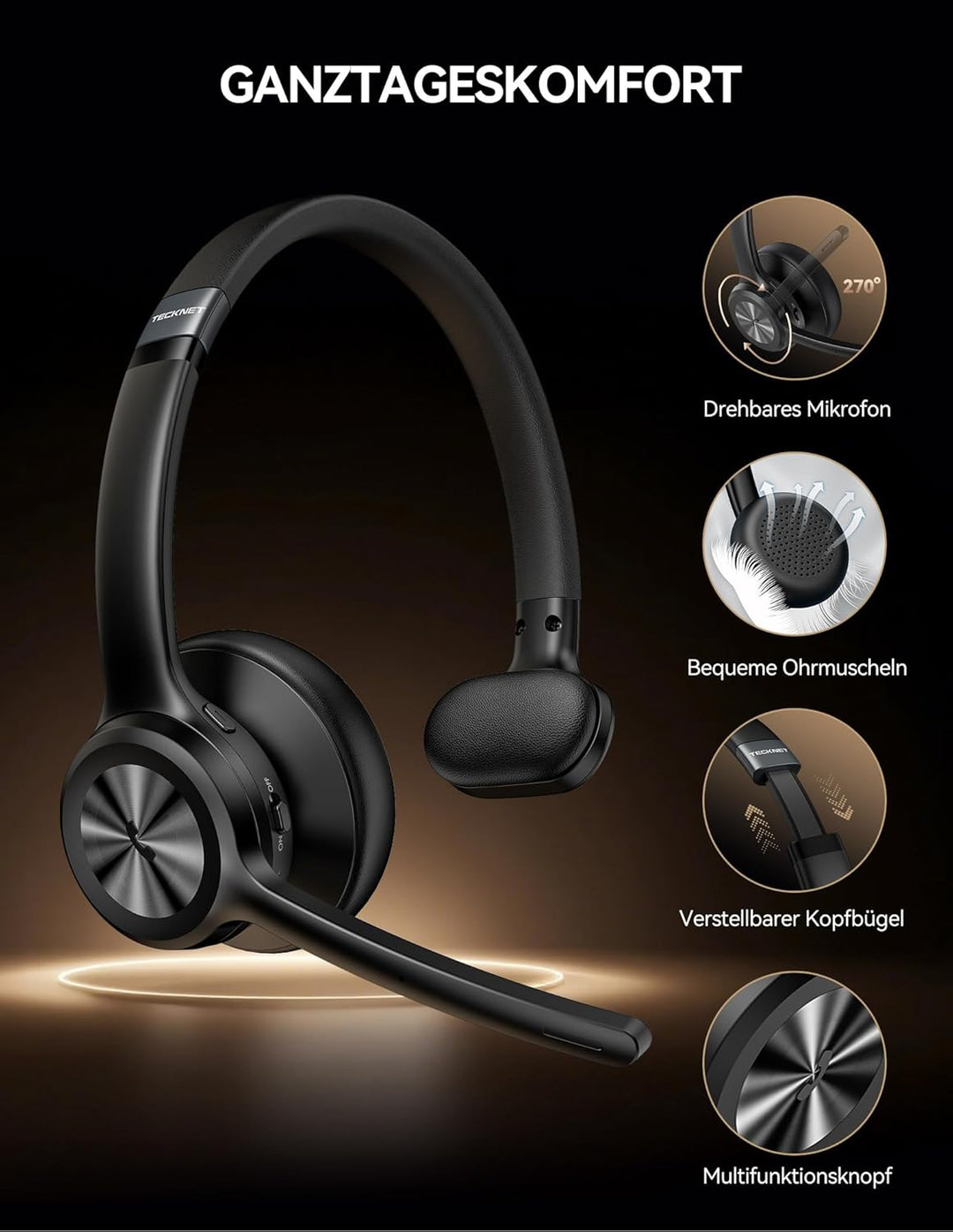 TECKNET Bluetooth Headset mit Mikrofon, Kabelloses Headset mit BT6.0 Technologie, Kopfhörer Kabellos