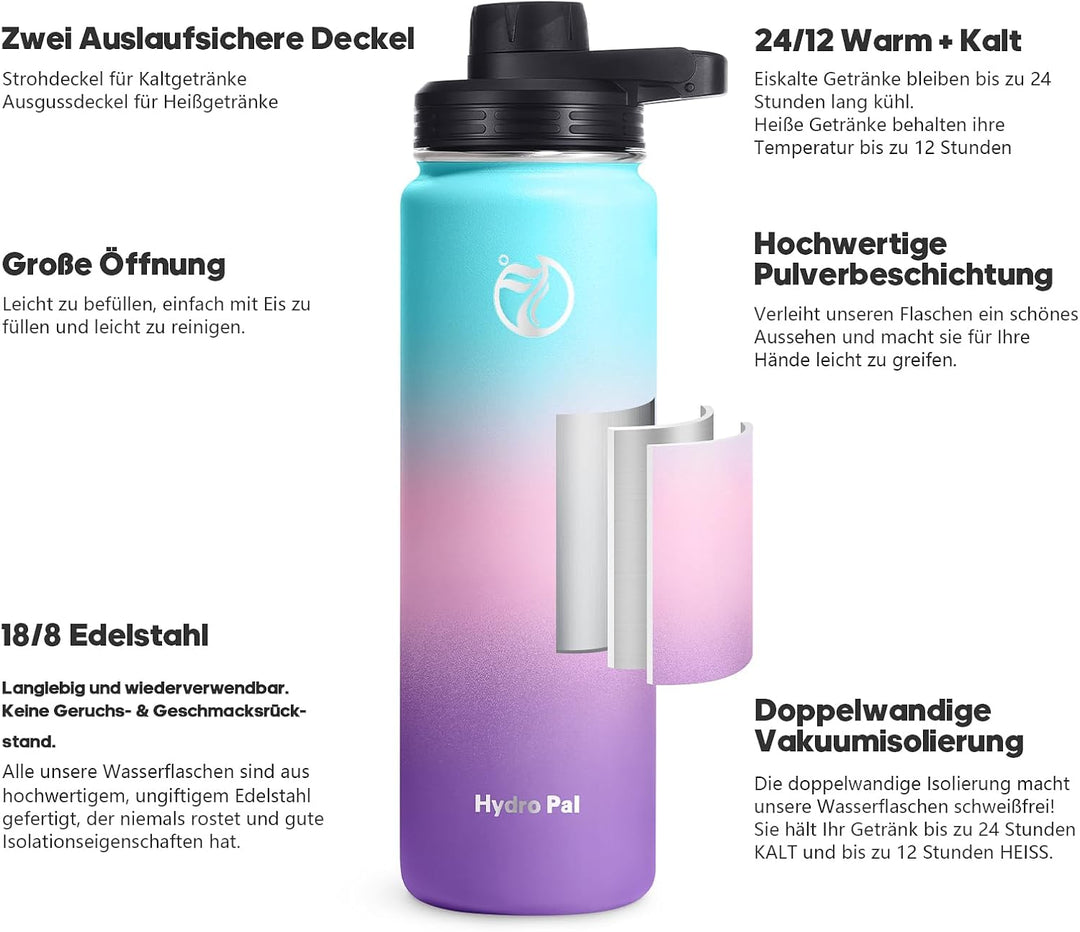 HydroPal Isolierflasche 500ml Edelstahl, BPA-frei, 24h kalt/12h heiss, auslaufsicher, Sport- & Trink