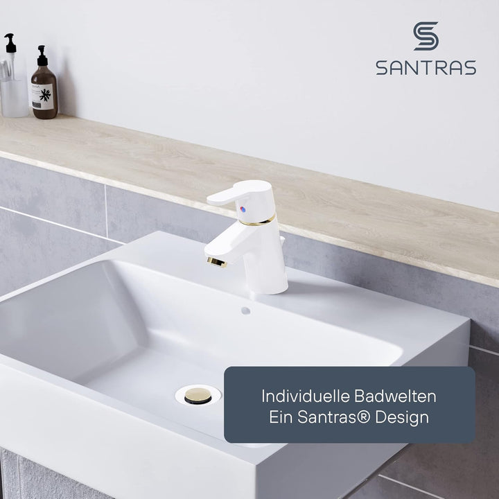 SANTRAS® Exzenter Ablaufgarnitur Premium für Waschtisch mit Schutz vor Überlauf in Weiss/Gold – Komp