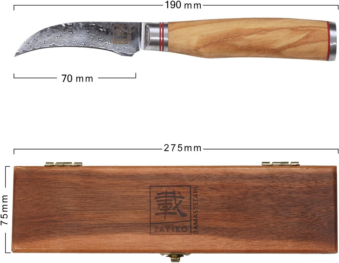 Zayiko Minami Olive Schälmesser 7 cm, 67 Lagen Damaststahl, VG-10-Stahlkern