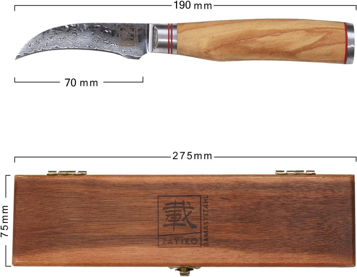 Zayiko Minami Olive Schälmesser 7 cm, 67 Lagen Damaststahl, VG-10-Stahlkern