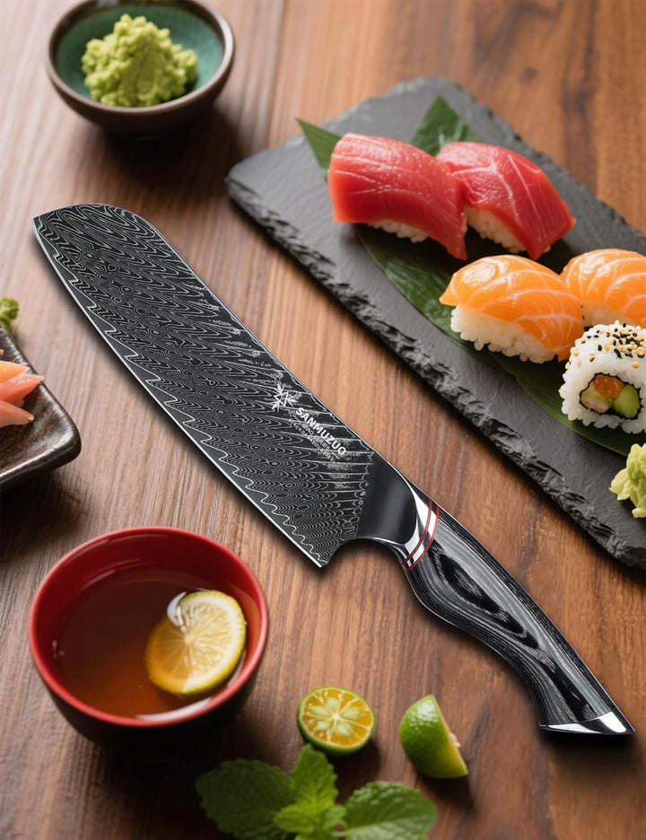 Japanisches 18 cm Santokumesser – Kochmesser – Schwarzer Damaststahl mit ergonomischem Griff – Miao