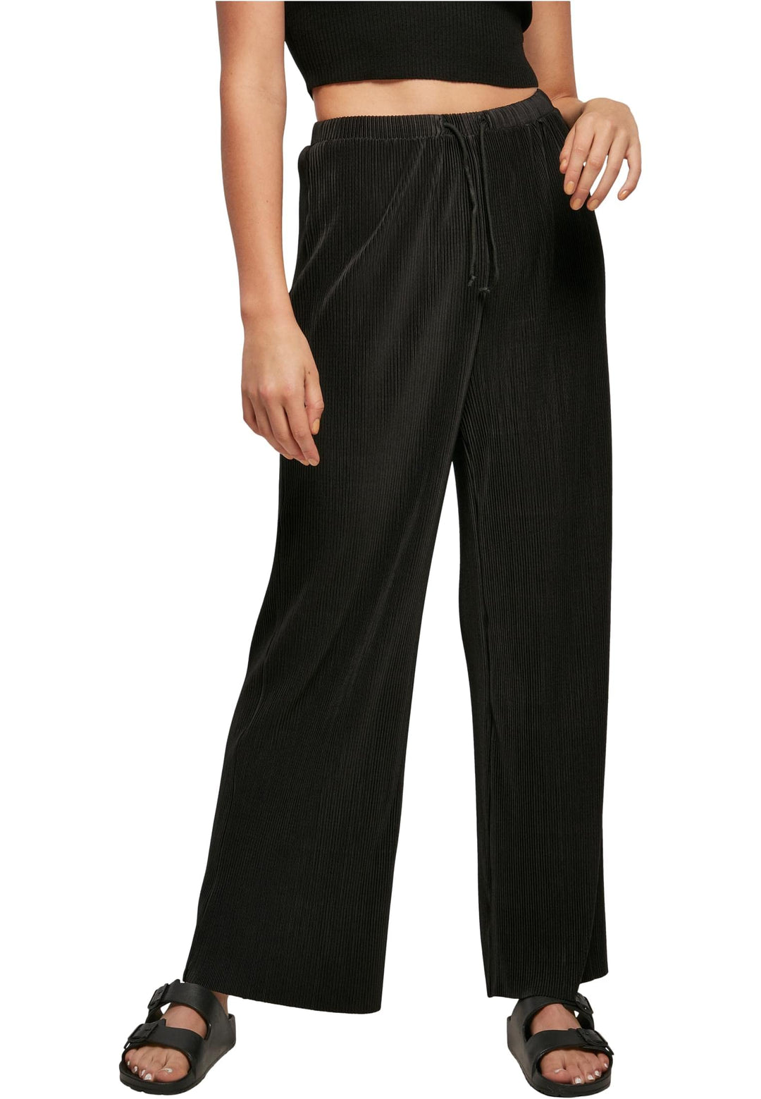 Urban Classics Damen Hose Ladies Plisse Pants, leichte Stoffhose für Frauen, weites Bein, Kordelzug