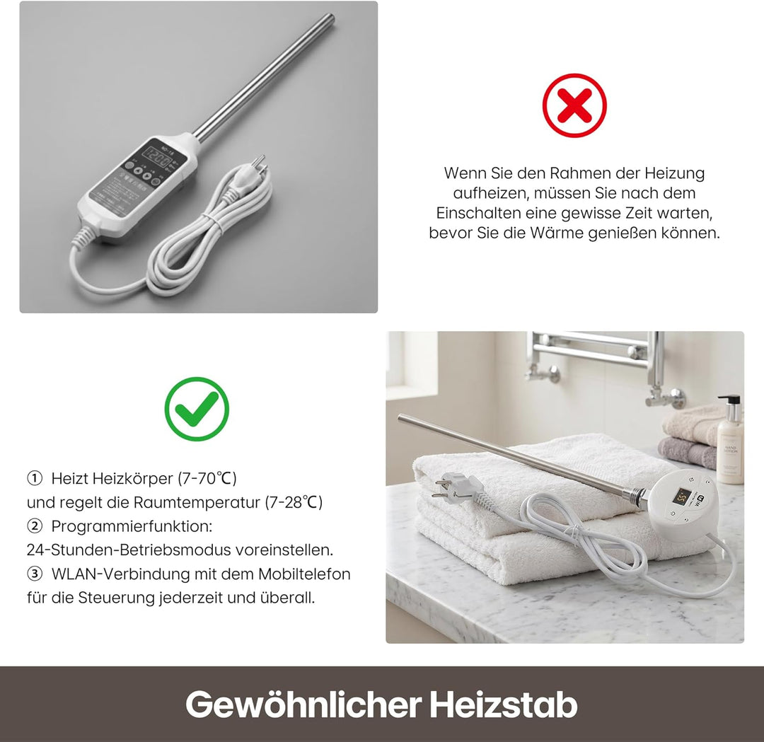 1000W Programmierbarer Elektroheizstab mit Thermostat, Temperaturregelung und Timerfunktion, WiFi St