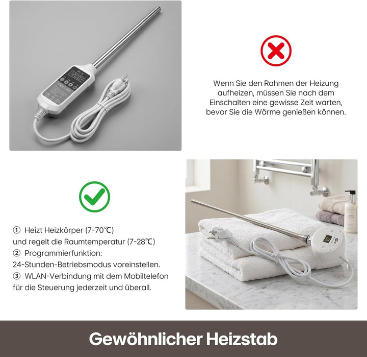 1000W Programmierbarer Elektroheizstab mit Thermostat, Temperaturregelung und Timerfunktion, WiFi St