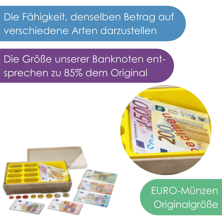 WISSNER® RE-Plastic Euro Spielgeld in Einer RE-Wood Box (290 Teile)