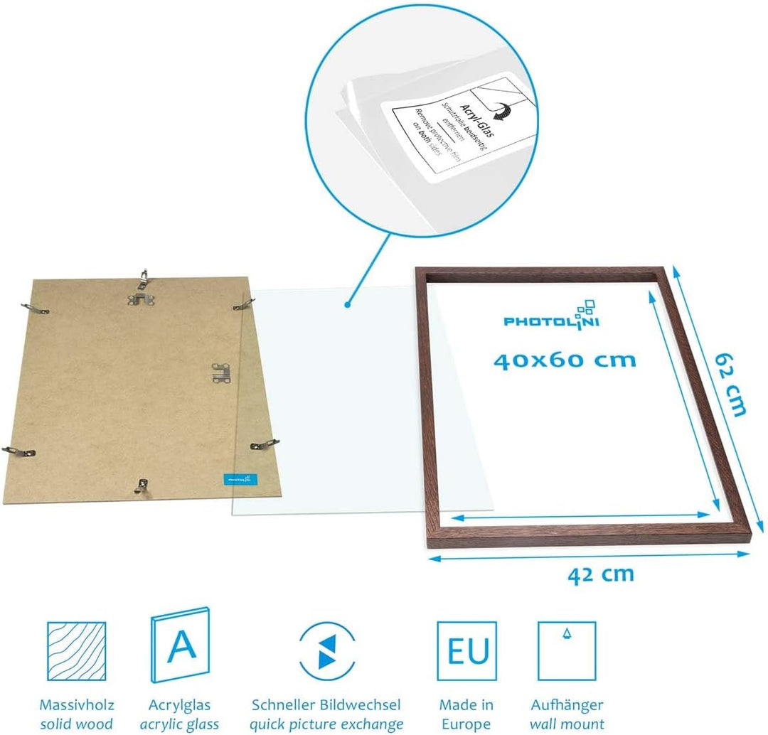 PHOTOLINI Bilderrahmen 40x60 Holz Eiche dunkel 2er Set, 40x60 cm Bilderrahmen Made in EU, Holzrahmen