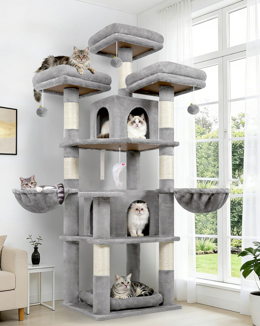 Globlazer Kratzbaum Stabil 174 cm mit 3 Gepolsterte Sitzstangen, 2 Katzenhaus, 2 Korb, Abnehmbares H