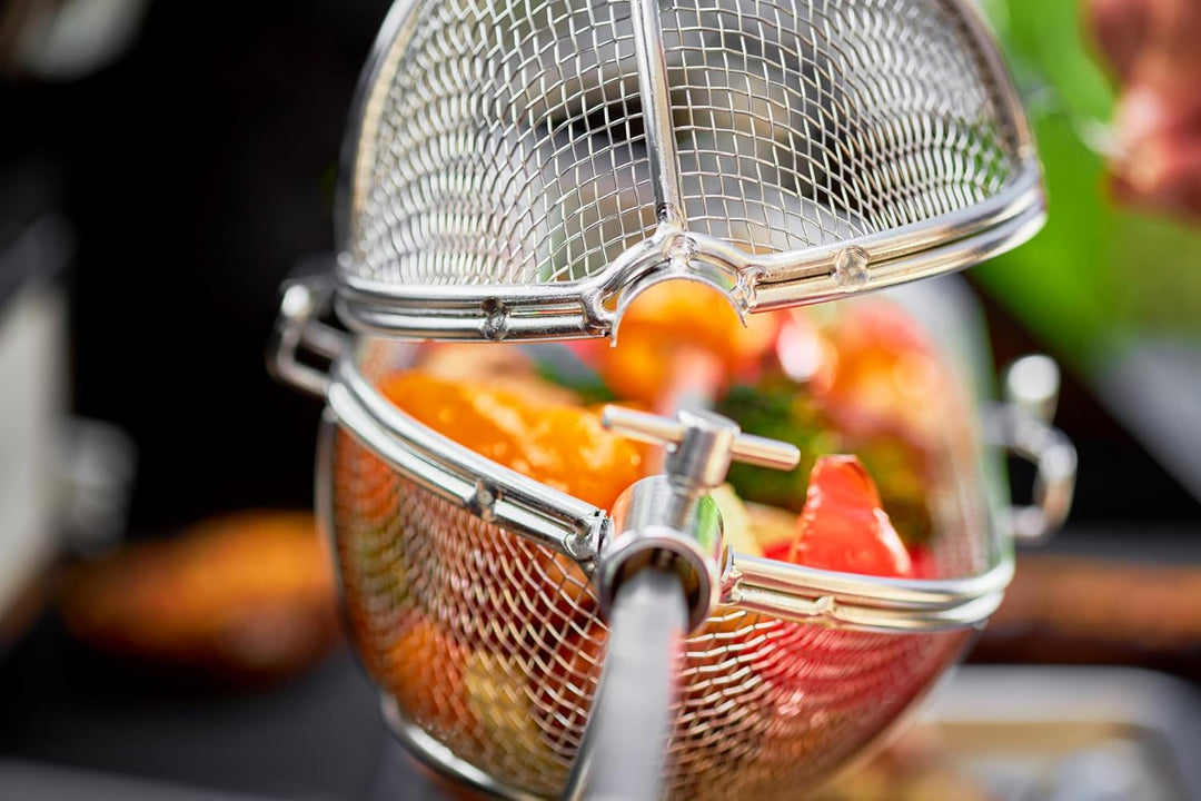 RÖSLE Drehspiesskorb, Hochwertiger Grillspiesskorb für Kartoffelspalten und Gemüsewürfel, passend zu